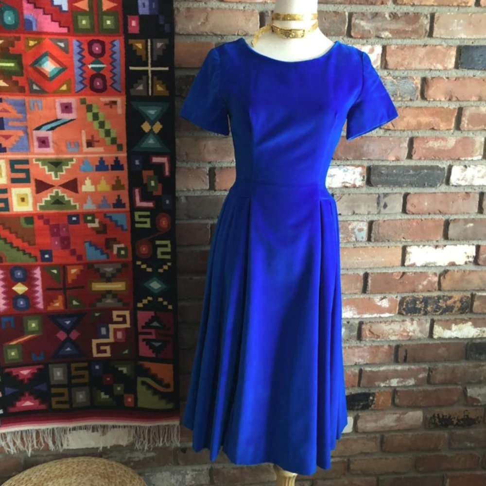 Vintage 50s 60s Royal Sapphire Blue Velvet Grad Prom Party Hostess Dress XXS